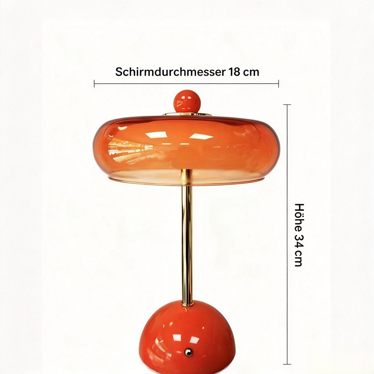 Retro Bau-Haus Tischlampe mit Orangem Glasschirm (34cm) – Mid-Century Nachttischlampe aus Glas & Messing, Elegante Designer Tischleuchte für Schlafzimmer, Wohnzimmer & Sideboard