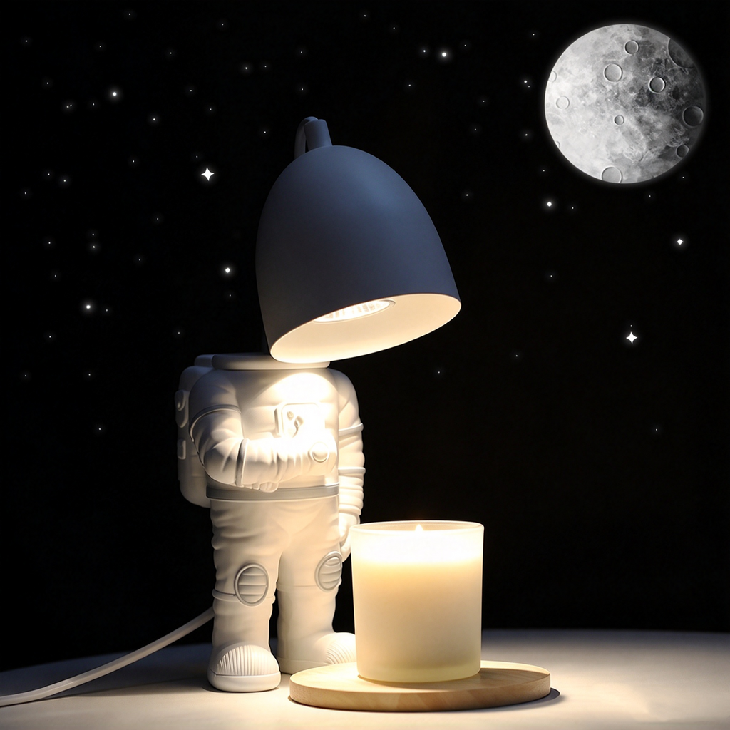 Astronaut Kerzenwärmer Lampe (31cm) – Moderne Elektrische Duftkerzen Schmelzlampe im Weltraum-Design, Dimmbare Tischlampe mit Holzsockel für Schlafzimmer & Geschenke
