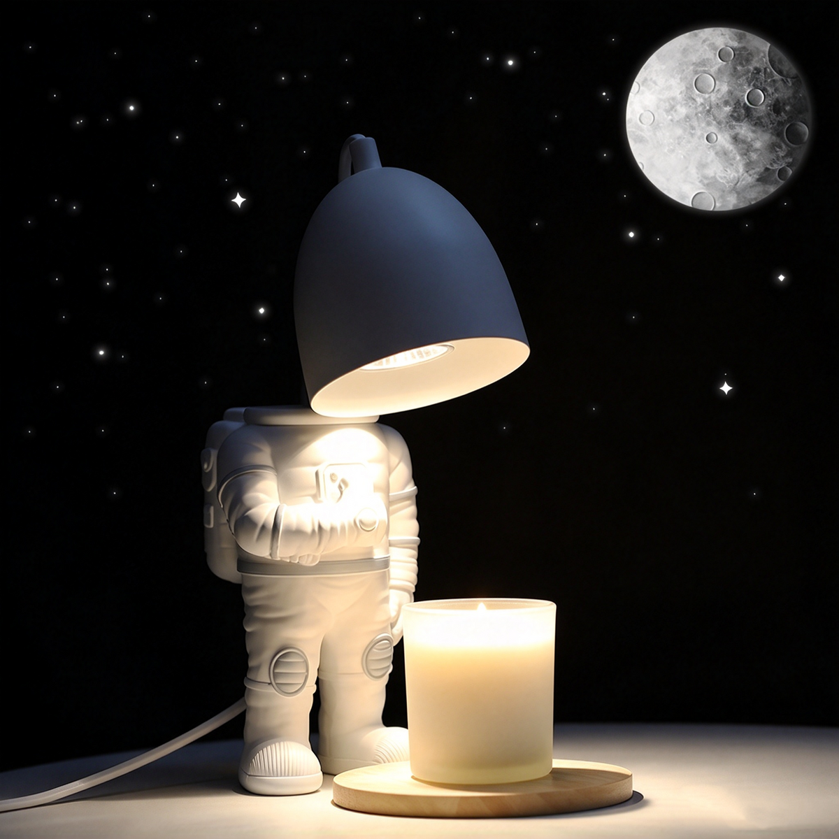 Astronaut Kerzenwärmer Lampe (31cm) – Moderne Elektrische Duftkerzen Schmelzlampe im Weltraum-Design, Dimmbare Tischlampe mit Holzsockel für Schlafzimmer & Geschenke