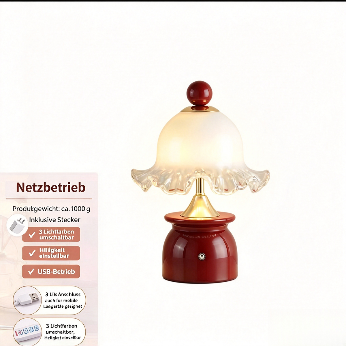 Vintage Glas Tischlampe mit Wellensaum-Schirm – Eleganter Roter Keramiksockel, Dimmbare LED Nachttischlampe mit 3 Lichtfarben, USB-Betrieb für Schlafzimmer & Wohnzimmer
