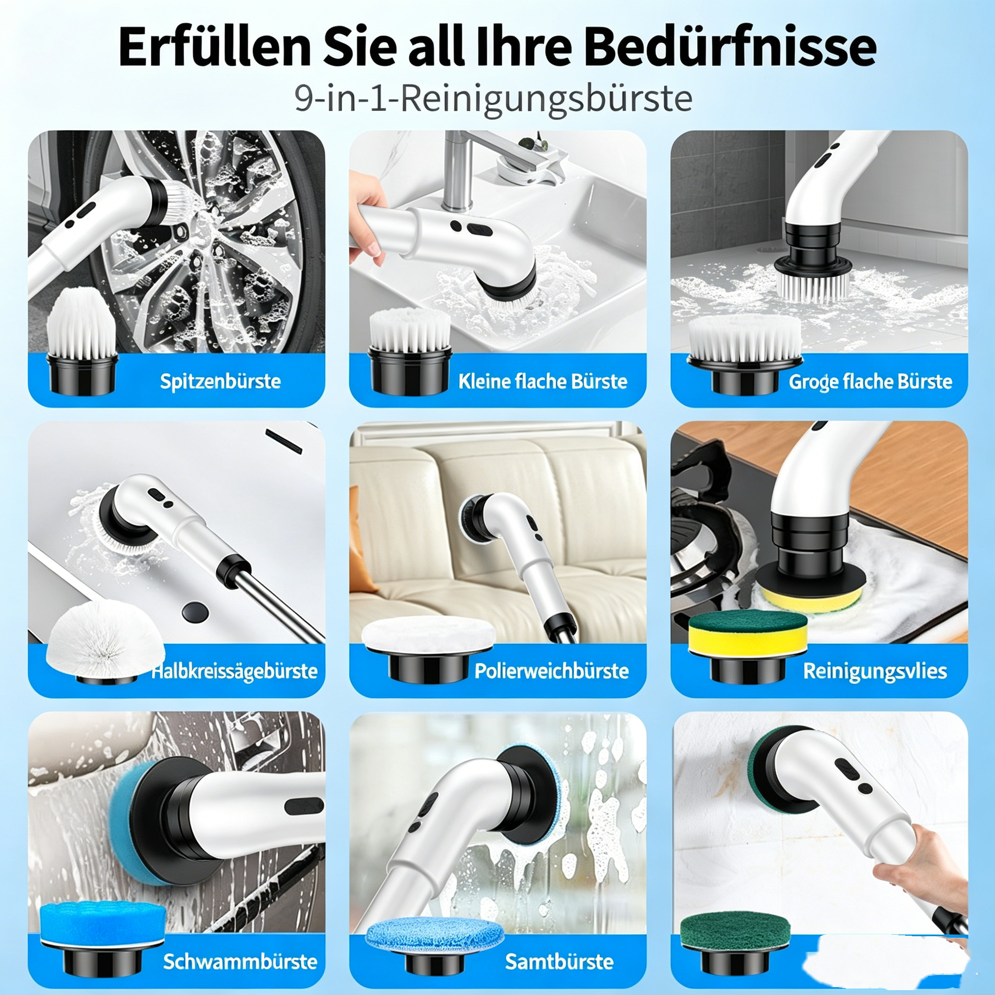 Elektrische Reinigungsbürste kabellos: Multifunktionale Akku-Putzbürste für Bad, Küche und Fliesen
