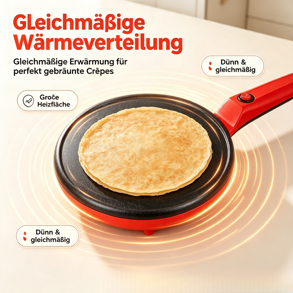 Elektrischer Crêpes-Maker 650W – Antihaft Pfannkuchenmaker mit 1-Knopf-Bedienung – Schneller & Leichter Crepe Maker für Hauchdünne Crêpes, Pancakes & Tortillas (Rot / Schwarz)