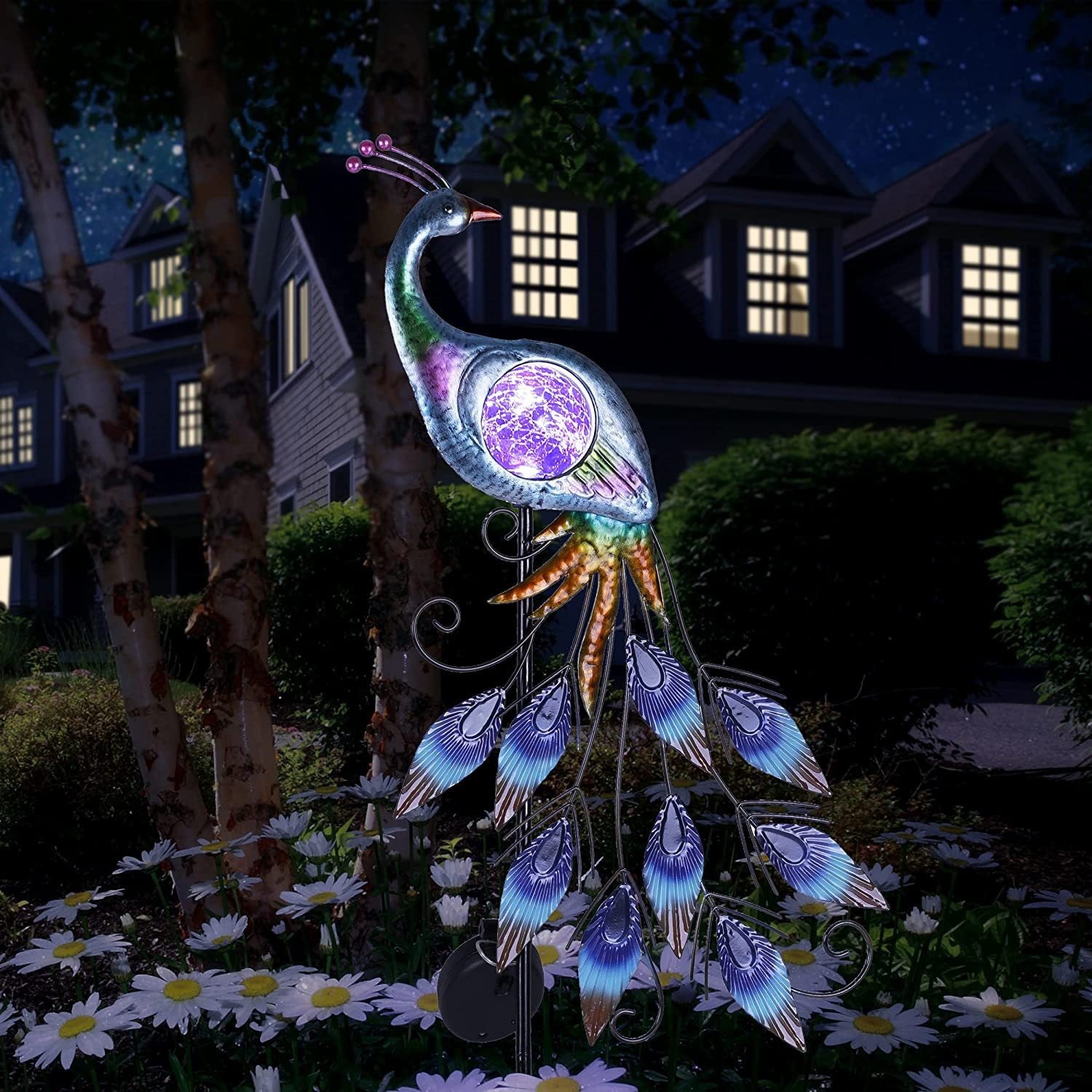 Dekorative Solar Gartenfigur Pfau mit LED Beleuchtung Wetterfester Gartenstecker aus Schmiedeeisen Stimmungsvolles Licht für Terrasse und Rasen Bunt