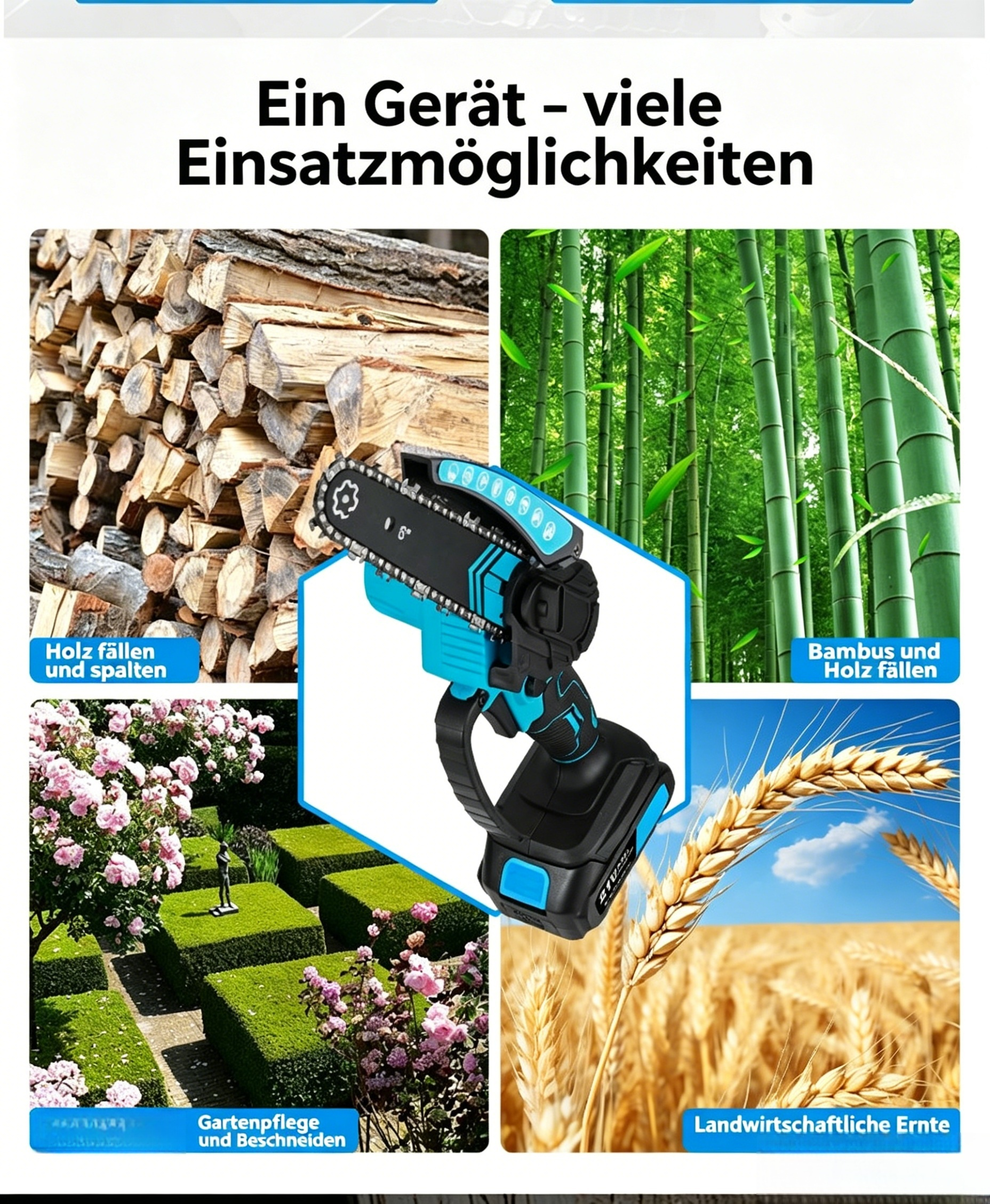 6 Zoll Mini-Akku-Kettensäge Set: Einhand-Kettensäge mit 2 Akkus, 2 Ketten & Koffer