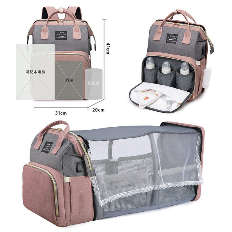Multifunktionaler Wickelrucksack mit faltbarem Babybett Große Wickeltasche mit isoliertem Flaschenfach Tragbares Reisebett und Mami Rucksack für unterwegs