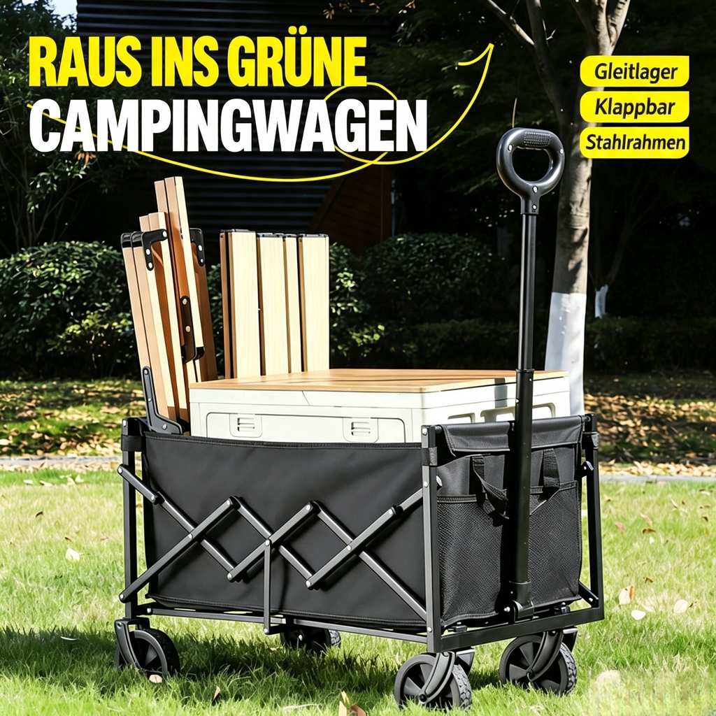3-in-1 Bollerwagen Faltbar mit Liegefunktion (Bis 200 kg) – Allterrain Transportwagen Klappbar mit 360° Rädern – Handwagen für Camping, Strand, Garten & Einkauf