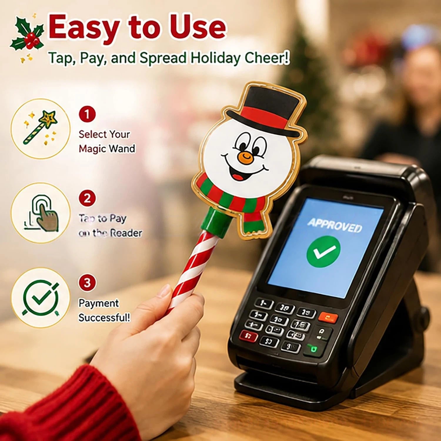 Weihnachts-Zahlungsstab mit NFC-Funktion – Kontaktloser Bezahlstab im Christbaum & Schneemann Design