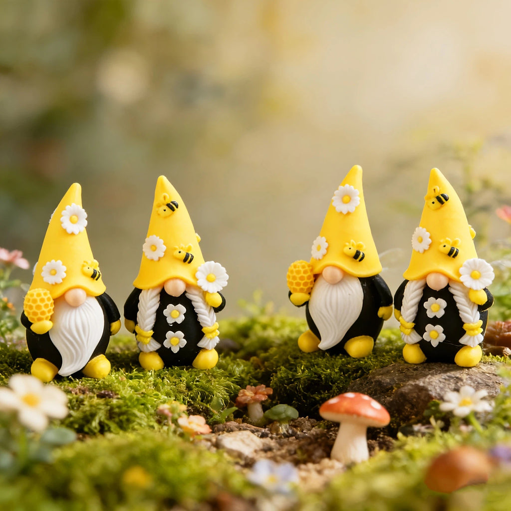 4er-Set Bienen-Wichtel Figuren – Niedliche Gartenzwerge im Bienen- & Blumen-Design, Miniatur Deko-Gnome aus Harz für Garten, Balkon, Blumenkübel & Tischdeko