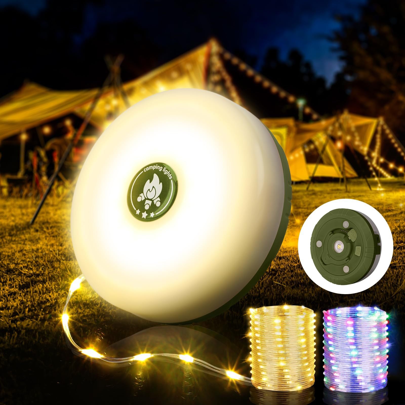 10m LED Campinglampe mit Lichterkette – Wiederaufladbare Outdoor Zeltlampe mit Handkurbel-Einzug – 5 Lichtmodi, RGB Atmosphere & IPX4 Wasserdicht für Camping, Garten, Balkon & Notfall