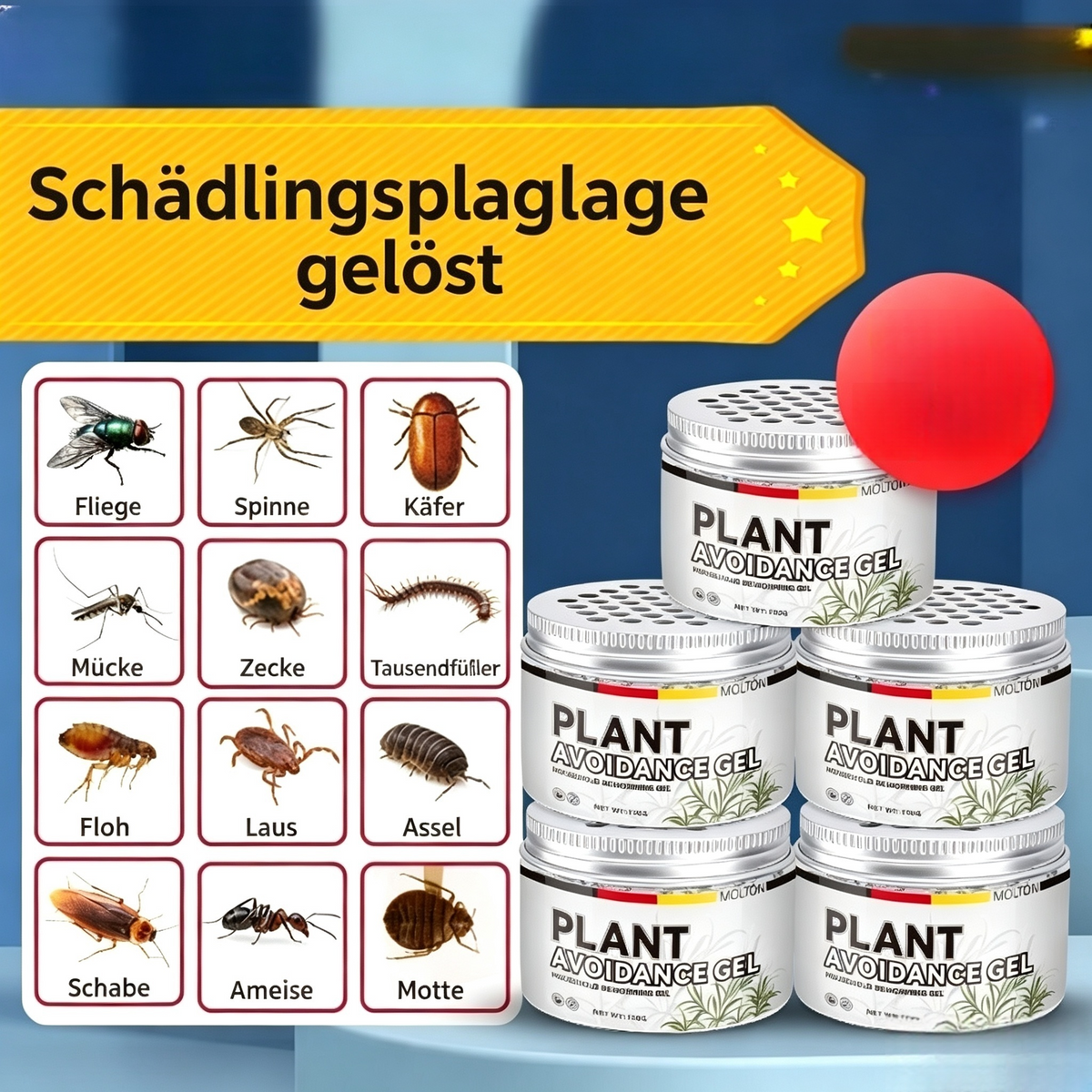 5-teiliges Set Pflanzliches Insektenabwehr-Gel (100g) – Effektiver Schutz gegen Kakerlaken, Mücken, Bettwanzen & Flöhe, Sichere Schädlingsbekämpfung auf Pflanzenbasis für Haushalt & Familie