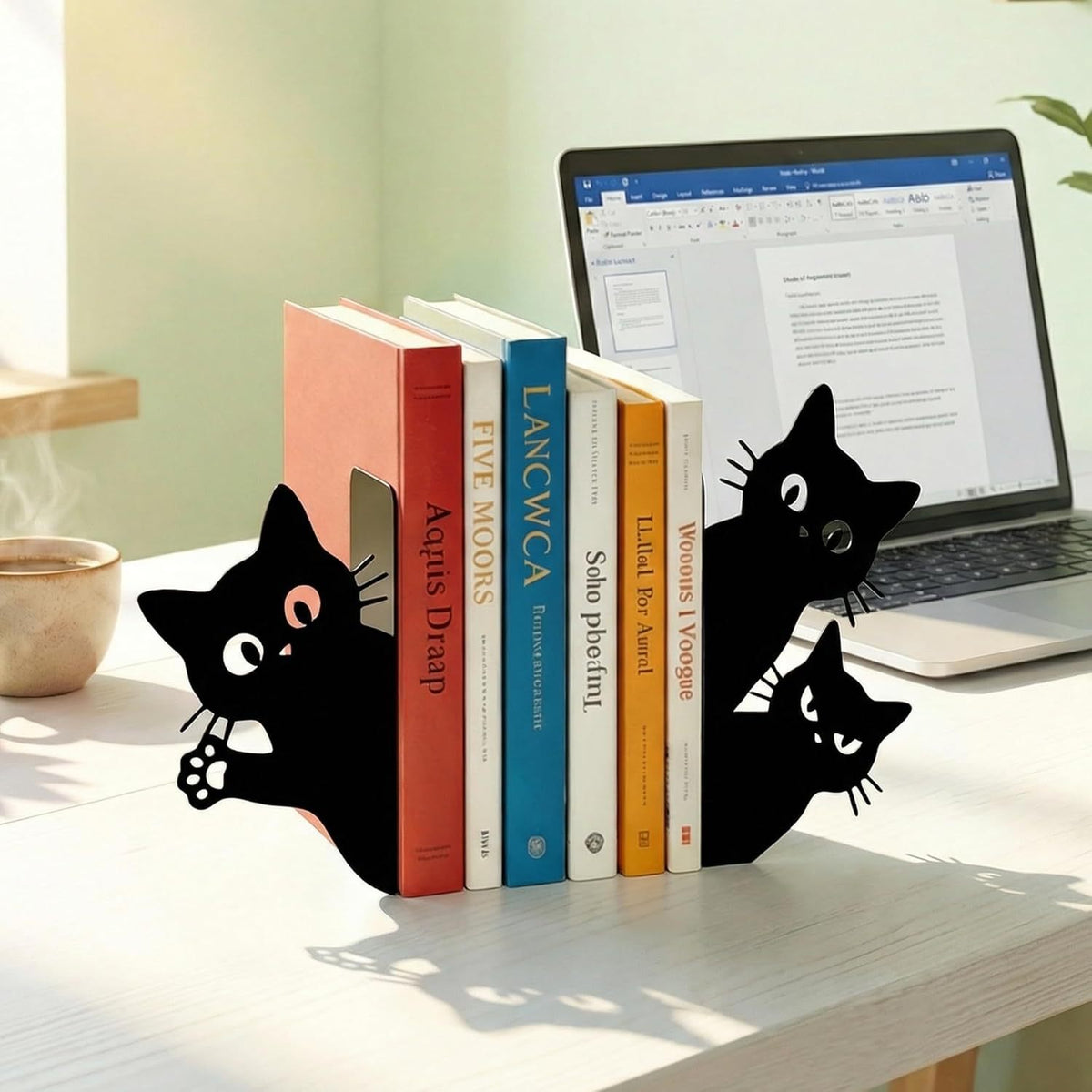 Deko Buchstützen Schwarze Katzen aus Metall – Nützliche & Süße Buchstütze für Schreibtisch, Kinderzimmer, Buchstützen Set für Bücher, Alben & Kochbücher