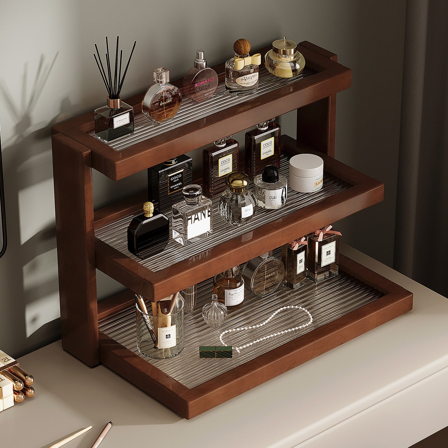 Mehrstöckiges Schreibtisch-Regal aus Holz & Metall – Vertikaler Tassenhalter & Organizer für das Büro – Platzsparendes Küchenregal für Tee & Kaffee – Stabiles Display-Ständer