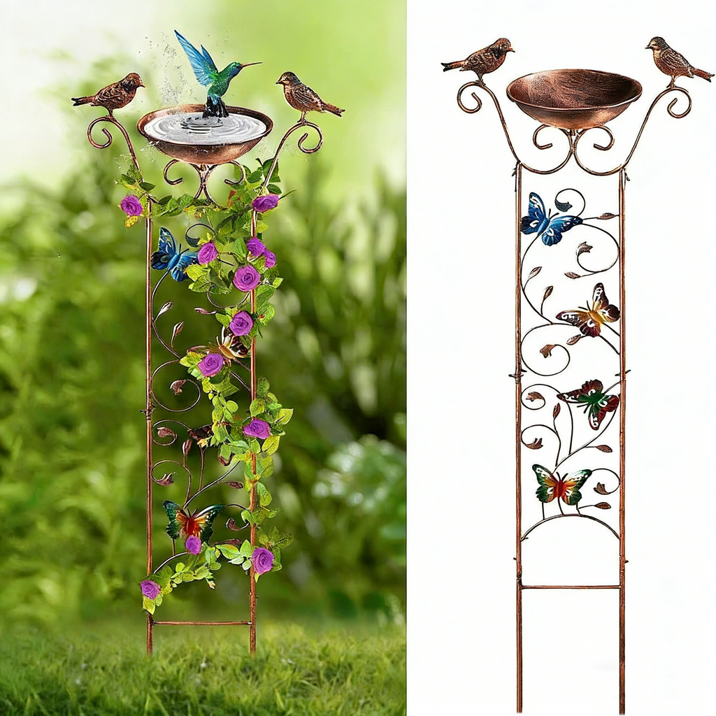 2-in-1 Nostalgie Rankhilfe mit Vogeltränke – Antik-Stil Eisen – Rankgitter für Kletterpflanzen & Wildvogeltränke – Dekorative Futterschale für den Garten – Braun/Schwarz