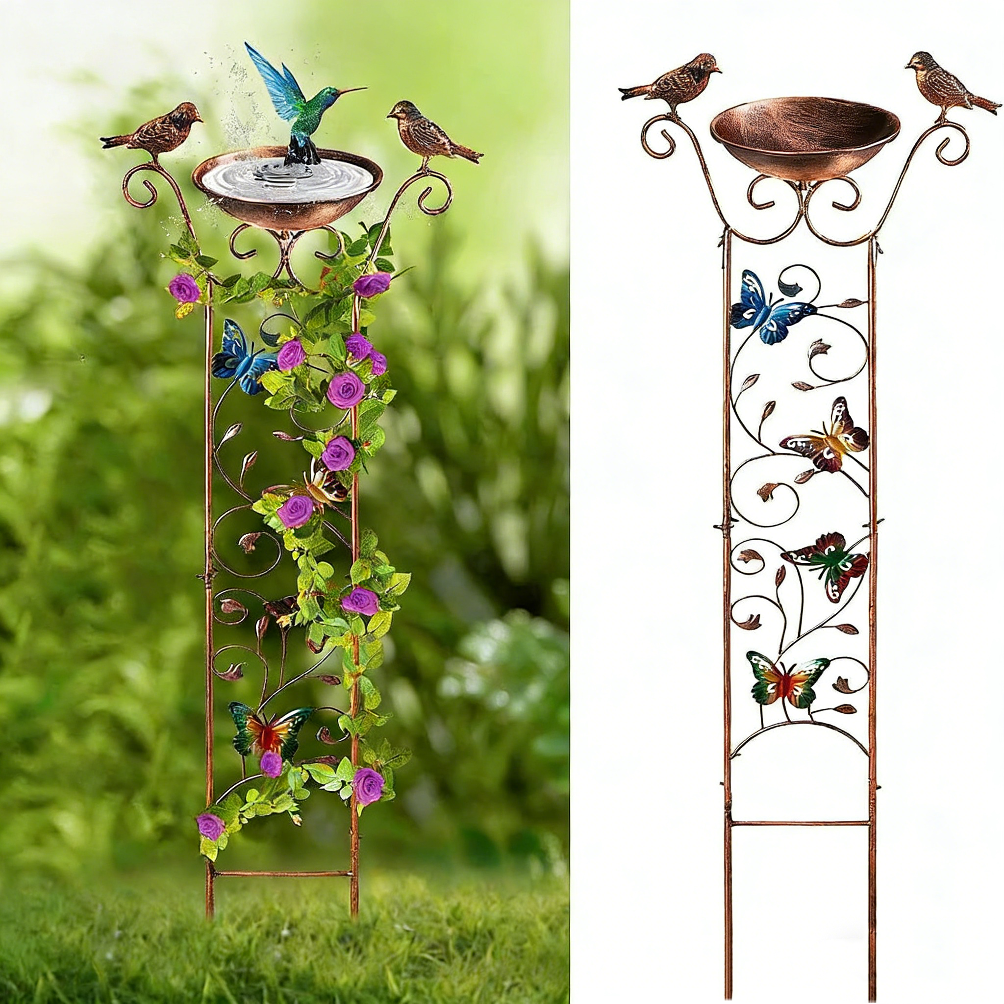 2-in-1 Nostalgie Rankhilfe mit Vogeltränke – Antik-Stil Eisen – Rankgitter für Kletterpflanzen & Wildvogeltränke – Dekorative Futterschale für den Garten – Braun/Schwarz