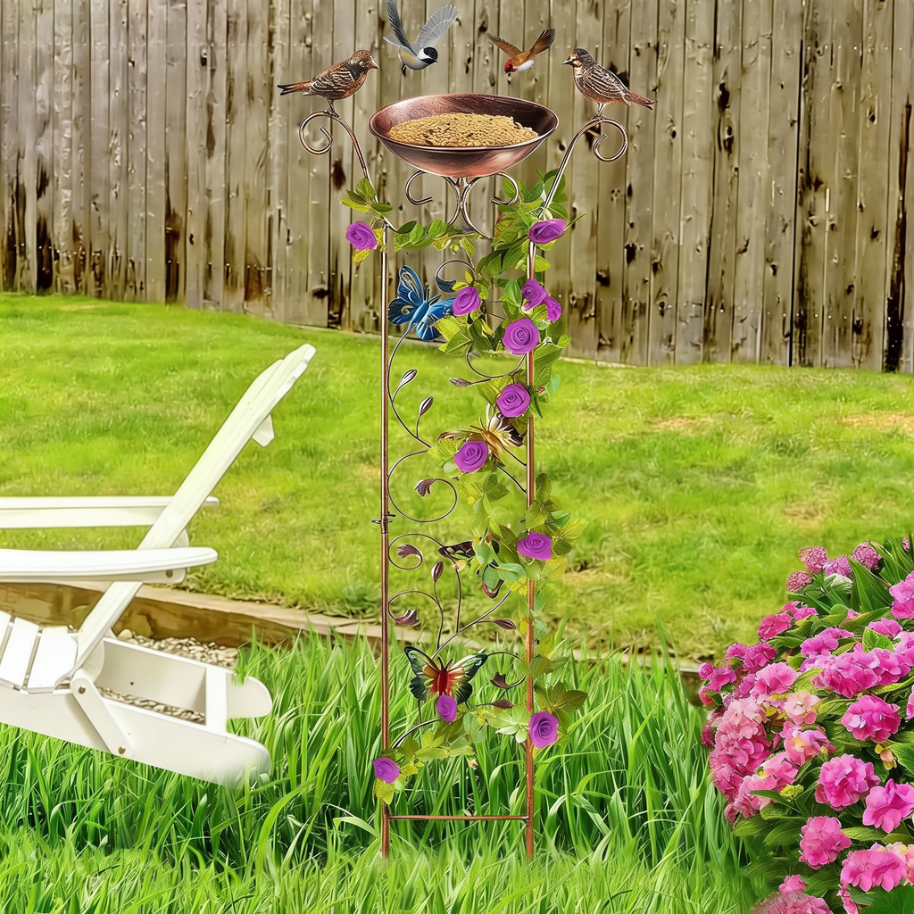 2-in-1 Nostalgie Rankhilfe mit Vogeltränke – Antik-Stil Eisen – Rankgitter für Kletterpflanzen & Wildvogeltränke – Dekorative Futterschale für den Garten – Braun/Schwarz