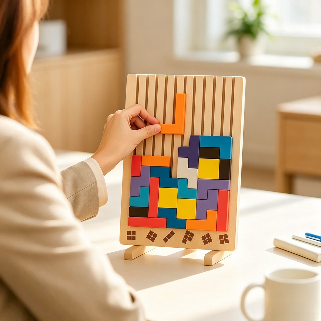 Holz-Tetris Bausteine Set inklusive 10 Vorlagekarten – Bunter Tangram Geduldspiel für Familie & Büro