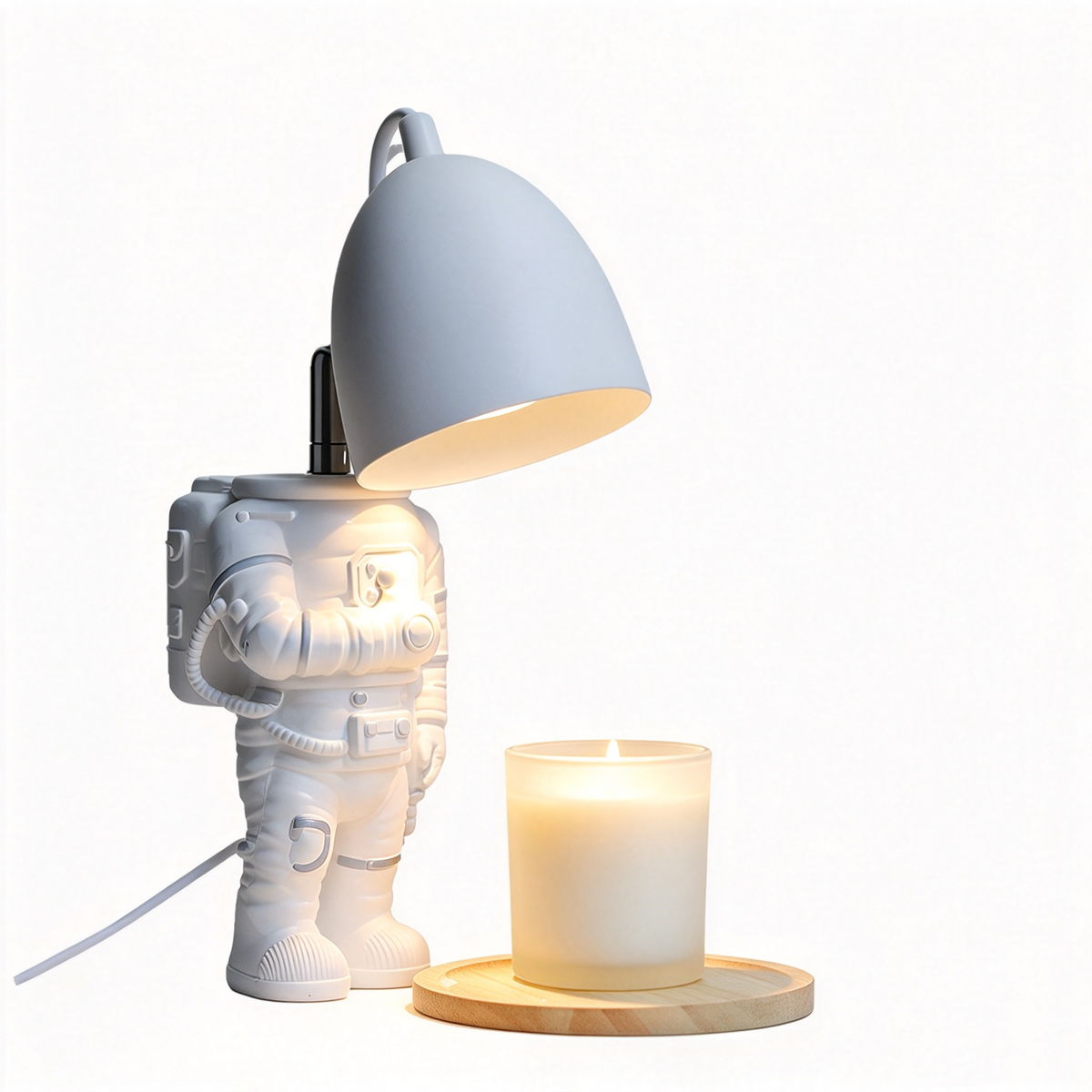 Astronaut Kerzenwärmer Lampe (31cm) – Moderne Elektrische Duftkerzen Schmelzlampe im Weltraum-Design, Dimmbare Tischlampe mit Holzsockel für Schlafzimmer & Geschenke