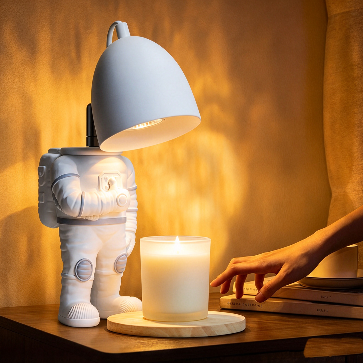 Astronaut Kerzenwärmer Lampe (31cm) – Moderne Elektrische Duftkerzen Schmelzlampe im Weltraum-Design, Dimmbare Tischlampe mit Holzsockel für Schlafzimmer & Geschenke