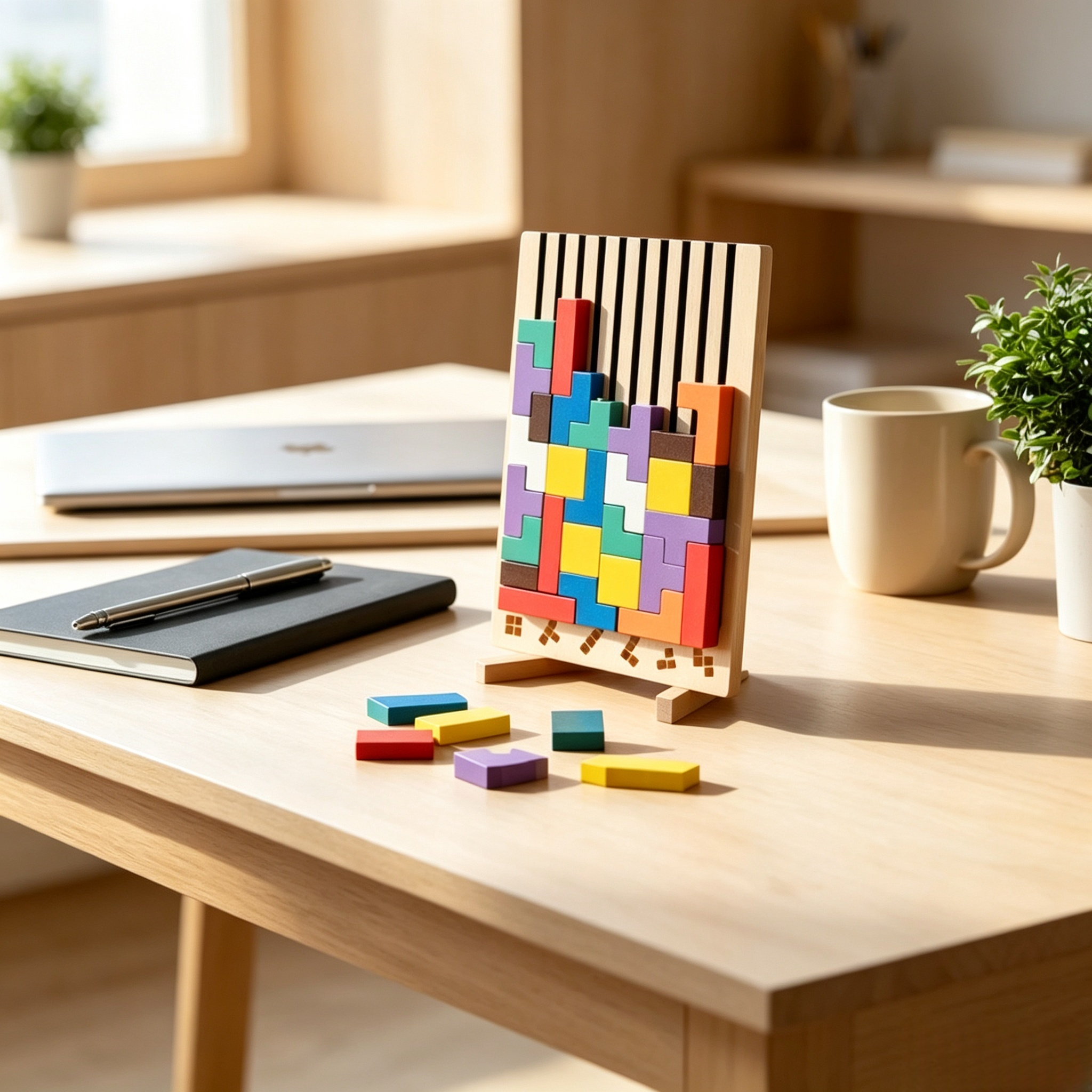Holz-Tetris Bausteine Set inklusive 10 Vorlagekarten – Bunter Tangram Geduldspiel für Familie & Büro