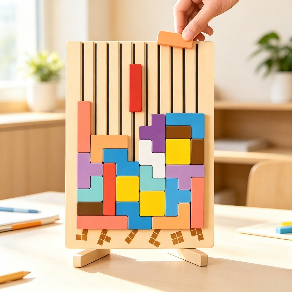 Holz-Tetris Bausteine Set inklusive 10 Vorlagekarten – Bunter Tangram Geduldspiel für Familie & Büro