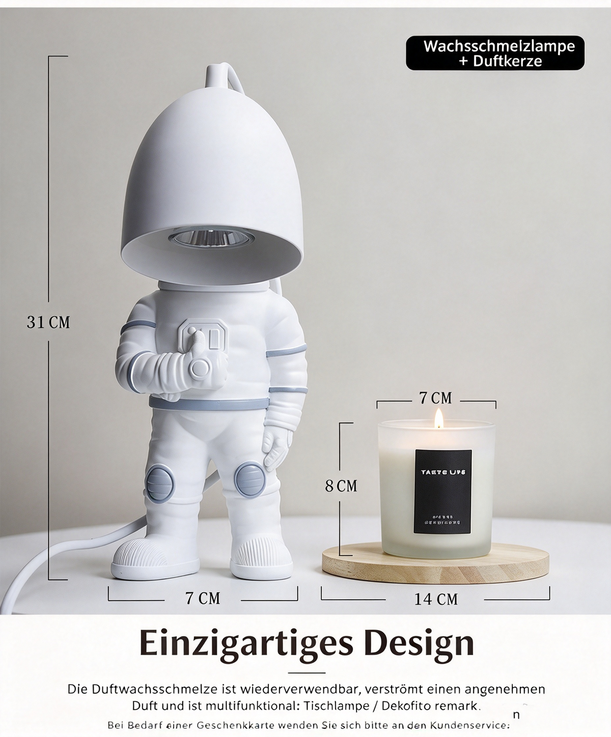 Astronaut Kerzenwärmer Lampe (31cm) – Moderne Elektrische Duftkerzen Schmelzlampe im Weltraum-Design, Dimmbare Tischlampe mit Holzsockel für Schlafzimmer & Geschenke