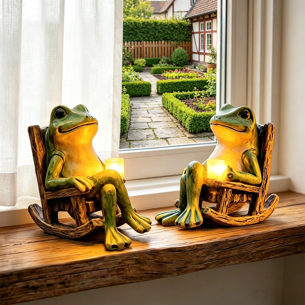 Niedliche Frosch Deko Figur auf Schaukelstuhl – Handgefertigte Garten & Tisch Deko aus Kunstharz – Gemütliche Froschfigur für Balkon, Fensterbank, Garten & Wohnzimmer – Kreative Geschenkidee