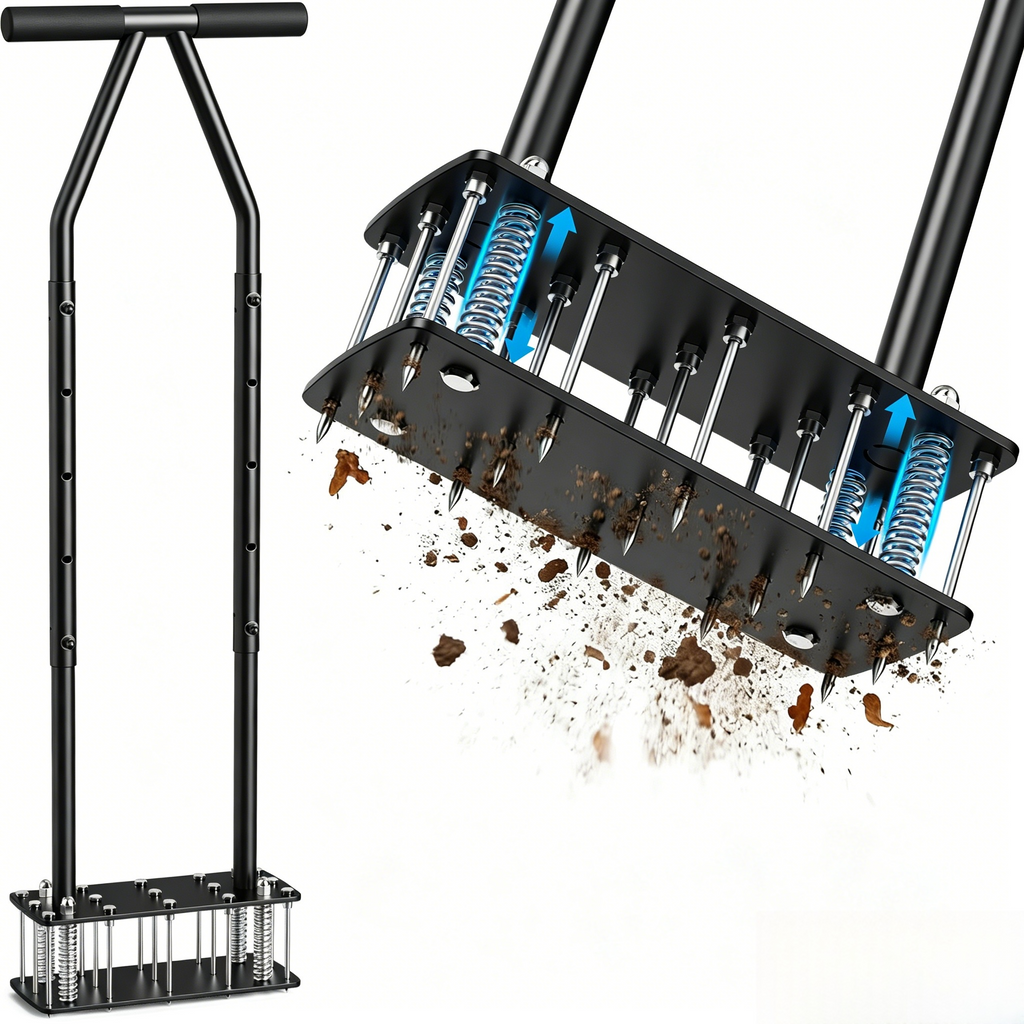 98.8cm*31cm Ergonomischer Rasenlüfter mit Auswurffeder: Manueller Aerifizierer mit Knieschutz für Rasenpflege