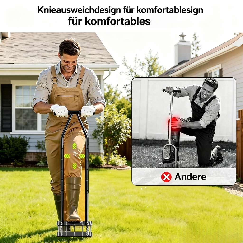 98.8cm*31cm Ergonomischer Rasenlüfter mit Auswurffeder: Manueller Aerifizierer mit Knieschutz für Rasenpflege