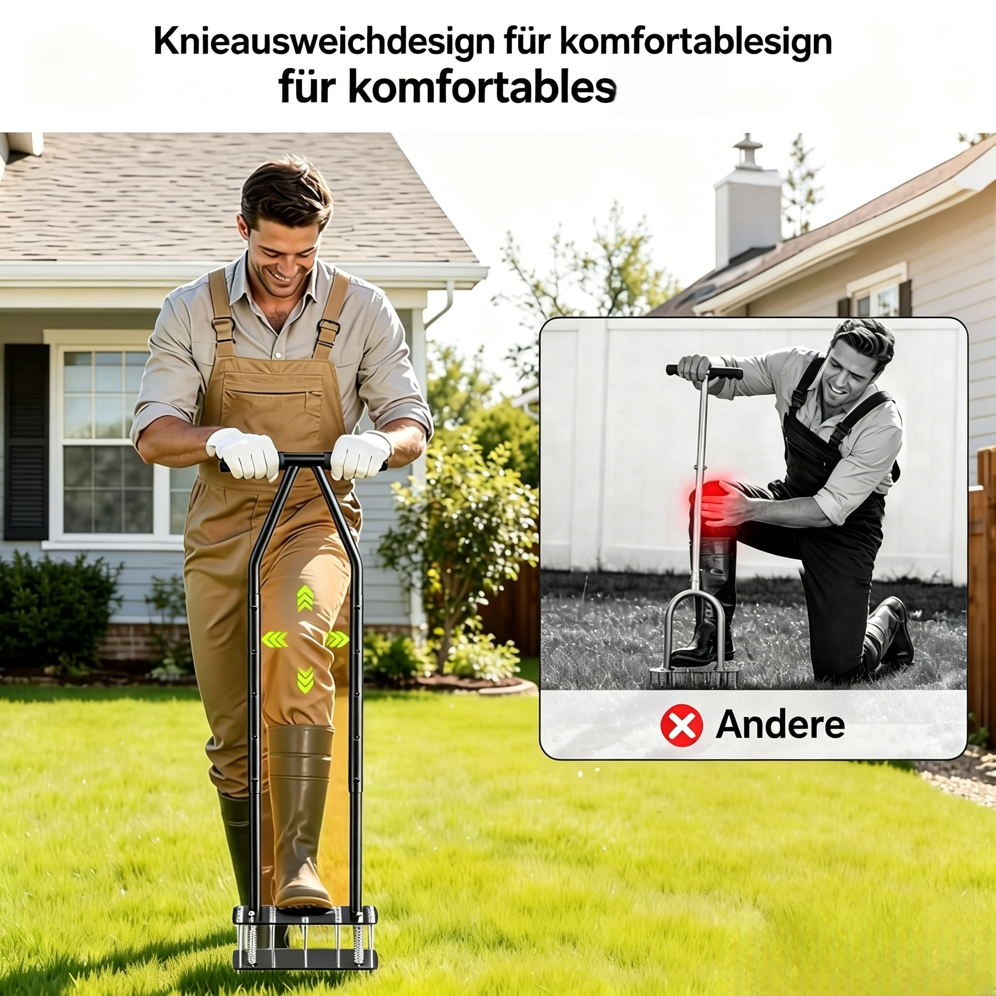 98.8cm*31cm Ergonomischer Rasenlüfter mit Auswurffeder: Manueller Aerifizierer mit Knieschutz für Rasenpflege