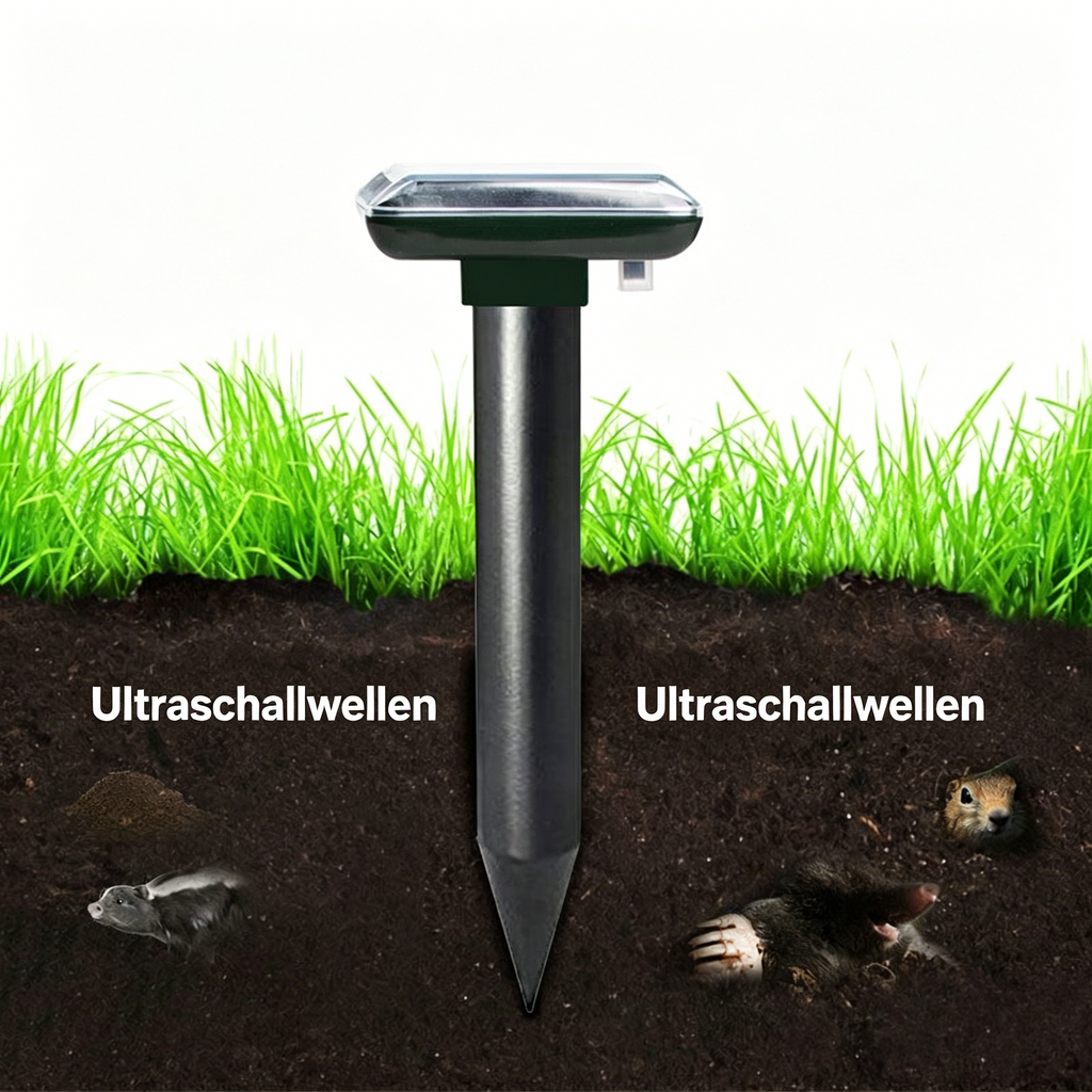 Solar Maulwurfabwehr 2er-Set: Ultraschall Wühlmausschreck wasserdicht für den Garten