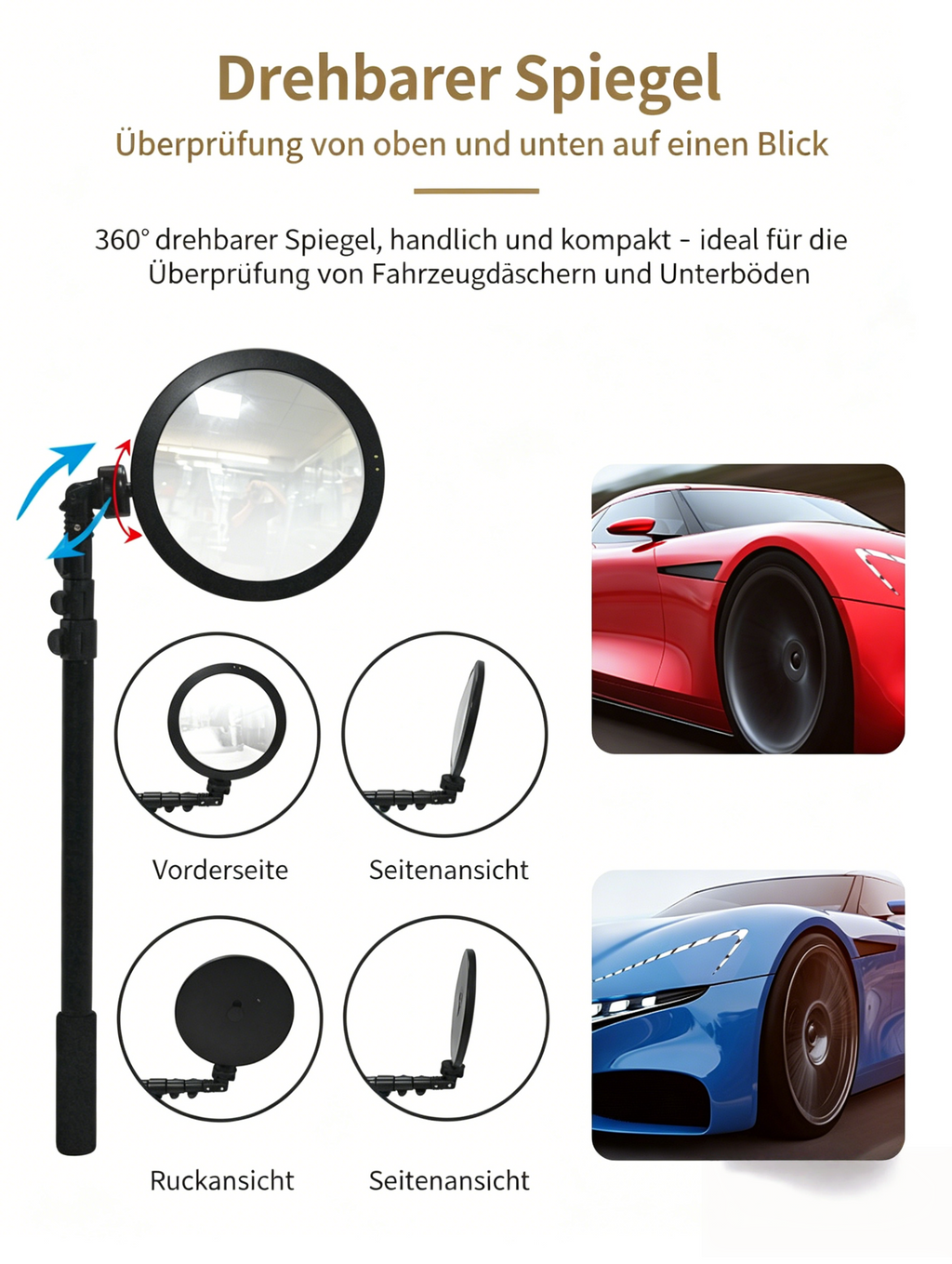 V16 Kontrollspiegel mit LED-Beleuchtung: 16cm Acryl Konvexspiegel für Unterboden- & Fahrzeugkontrolle