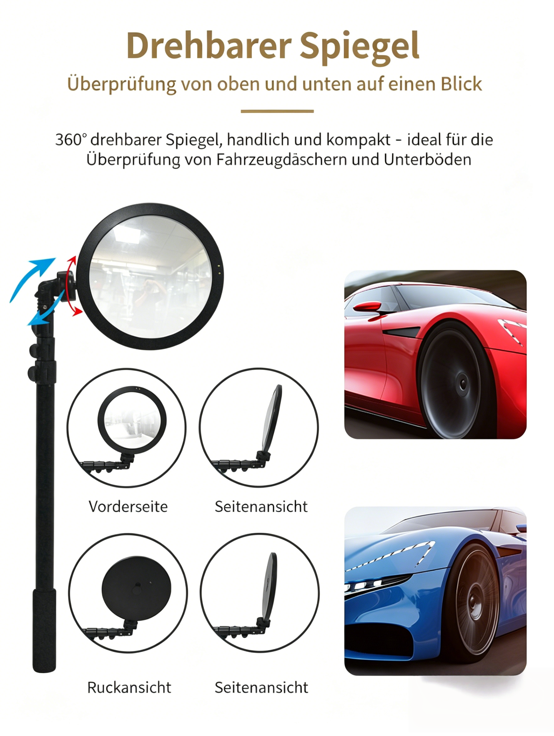 V16 Kontrollspiegel mit LED-Beleuchtung: 16cm Acryl Konvexspiegel für Unterboden- & Fahrzeugkontrolle