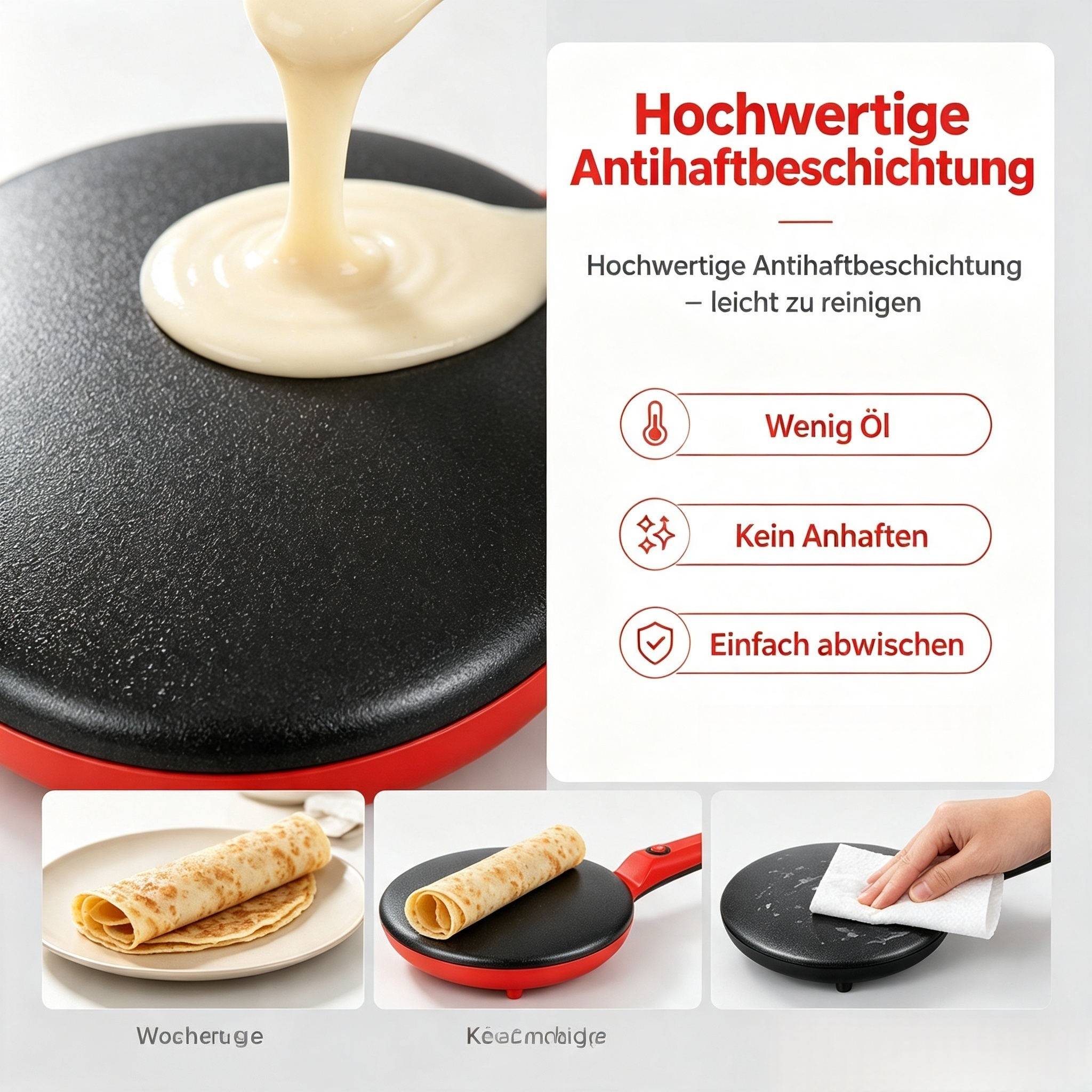 Elektrischer Crêpes-Maker 650W – Antihaft Pfannkuchenmaker mit 1-Knopf-Bedienung – Schneller & Leichter Crepe Maker für Hauchdünne Crêpes, Pancakes & Tortillas (Rot / Schwarz)