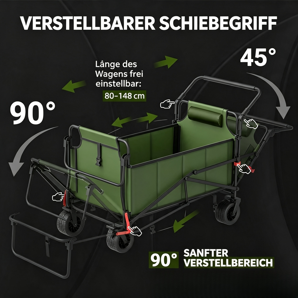 3-in-1 Bollerwagen Faltbar mit Liegefunktion (Bis 200 kg) – Allterrain Transportwagen Klappbar mit 360° Rädern – Handwagen für Camping, Strand, Garten & Einkauf