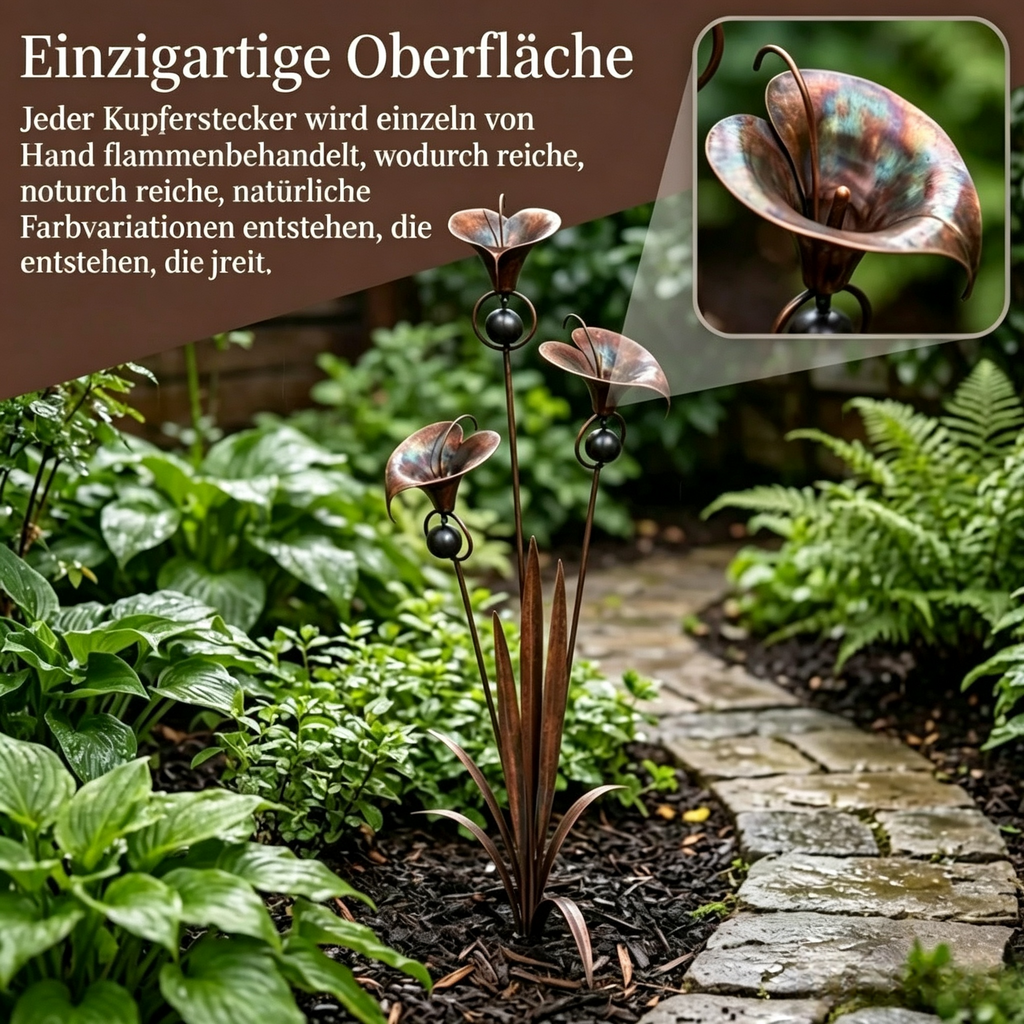 Handgefertigter Gartenstecker aus Kupfer im Calla-Design mit Windspiel – Rustikaler Metall-Blumenstecker für Garten, Beet & Terrasse