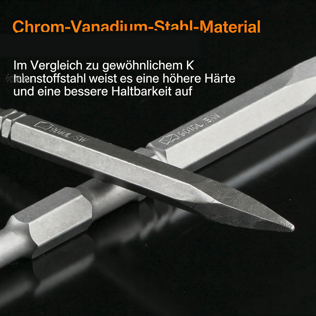 Profi Meißel Set für Bohrhammer & Abbruchhammer – SDS Plus/Max Meißel-Satz mit Flachmeißel, Spitzmeißel & Spatmeißel – Hochwertiger Stahl für Beton & Mauerwerk