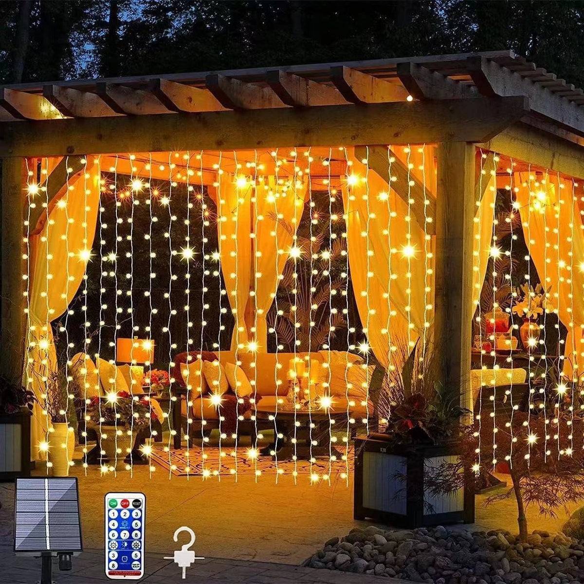 Solar Vorhang Lichterkette Außen 3x2m – LED Lichtvorhang mit Fernbedienung & Haken, IP65 Wasserdicht, 8 Modi, Für Garten, Terrasse, Balkon & Hochzeit (Warmweiß)