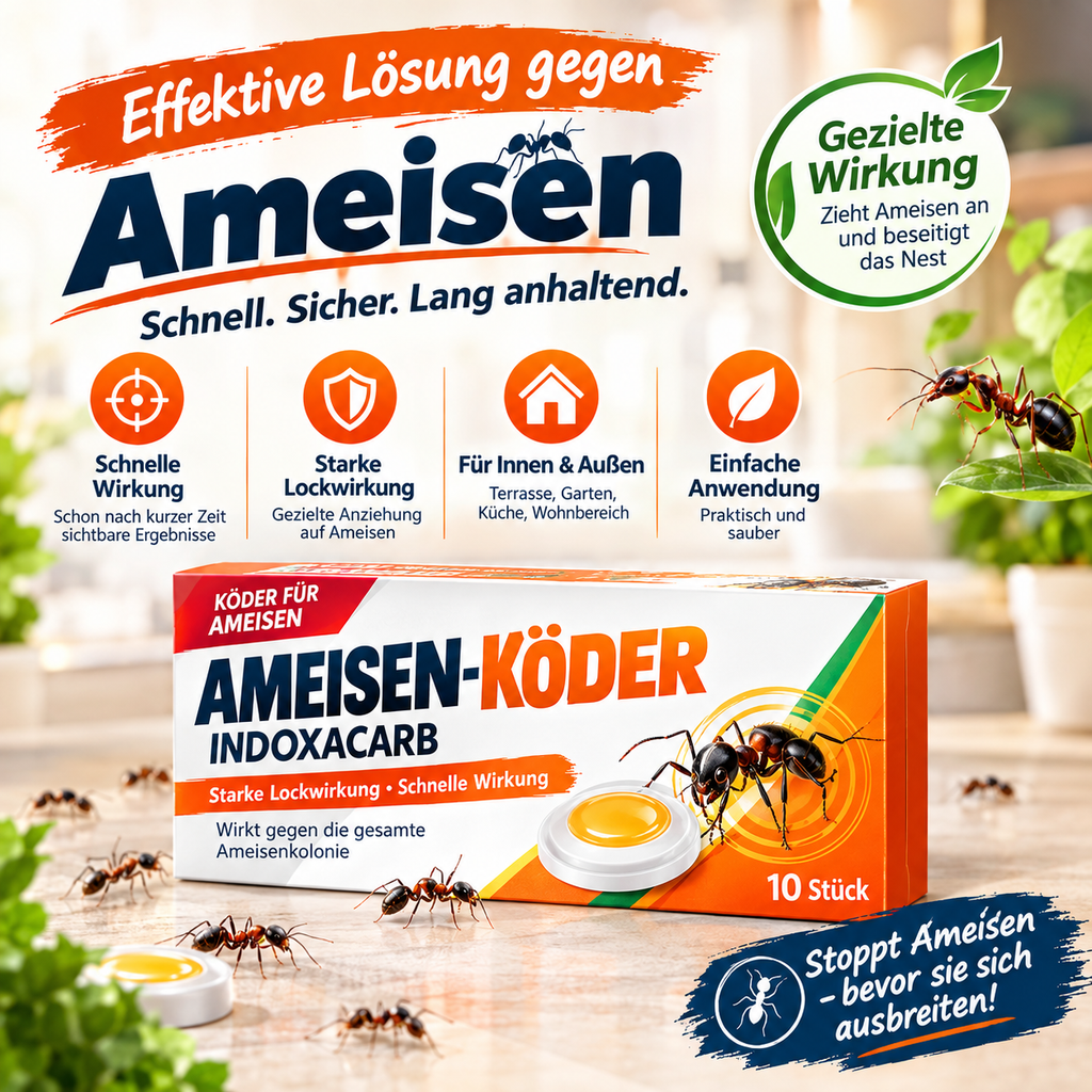 Ameisen-Köder Dose 10 Stück – Starkes Ameisengift mit Indoxacarb (0,1%), Effektiv gegen Rote Feuerameisen & Hausameisen, Nestwirkung für Innen & Außen