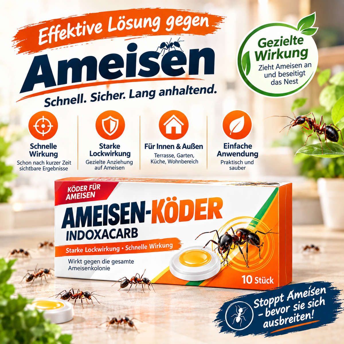 Ameisen-Köder Dose 10 Stück – Starkes Ameisengift mit Indoxacarb (0,1%), Effektiv gegen Rote Feuerameisen & Hausameisen, Nestwirkung für Innen & Außen