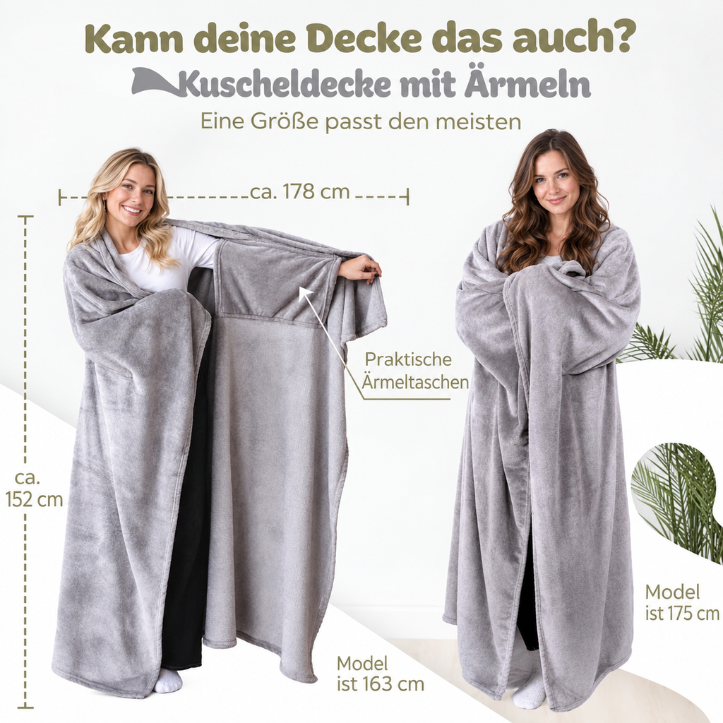 Kuscheldecke mit Ärmeln & Praktischen Ärmeltaschen – Ultrasoft Flauschige Ärmeldecke (155*177cm), Atmungsaktiv & Anti-Pilling, Decke zum Anziehen für Sofa, Couch & Winter