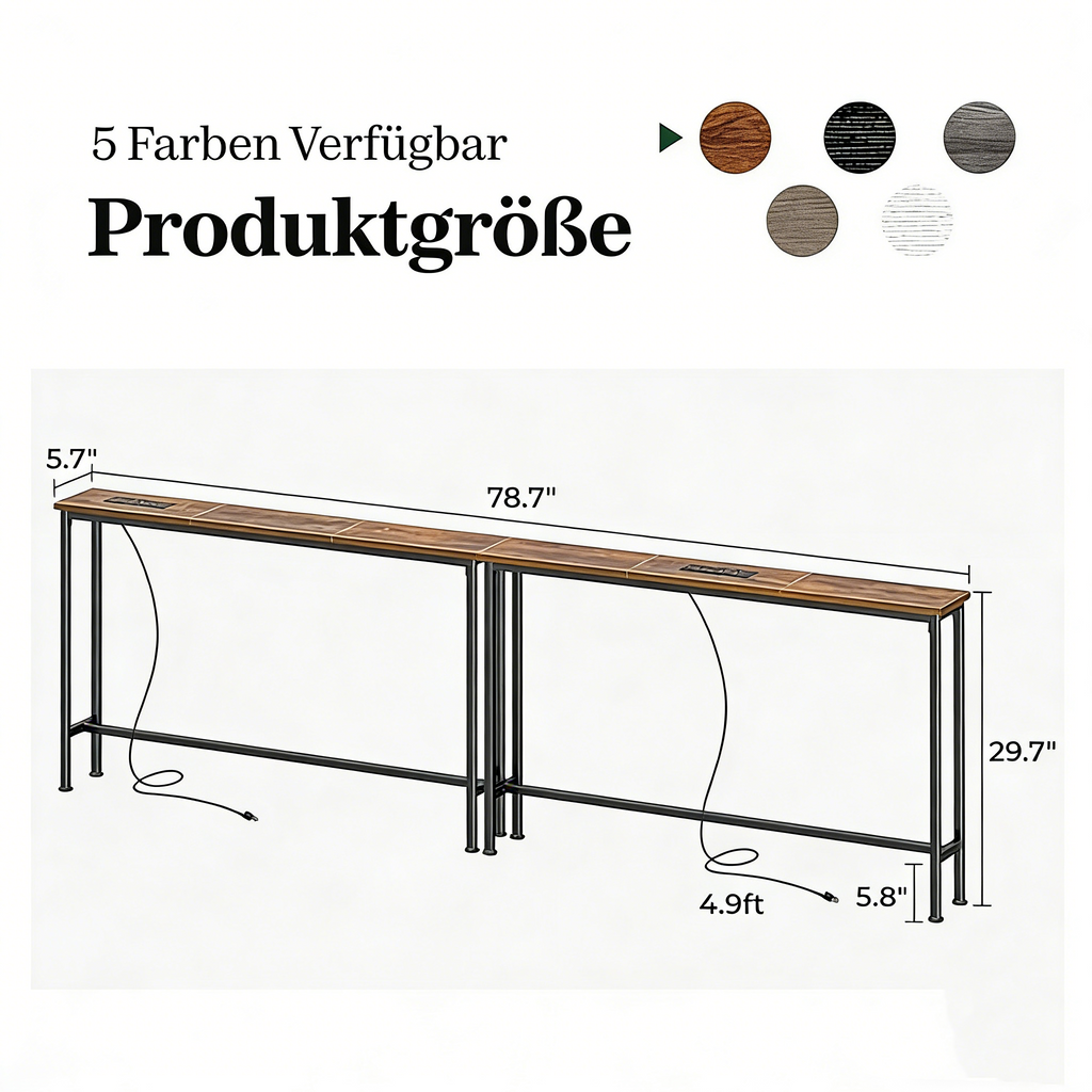 2er-Set Schmale Konsolentische mit Steckdosen – Langer Sofatisch mit Ladestation – Platzsparender Flur-Beistelltisch mit USB-Anschlüssen für Flur & Wohnzimmer
