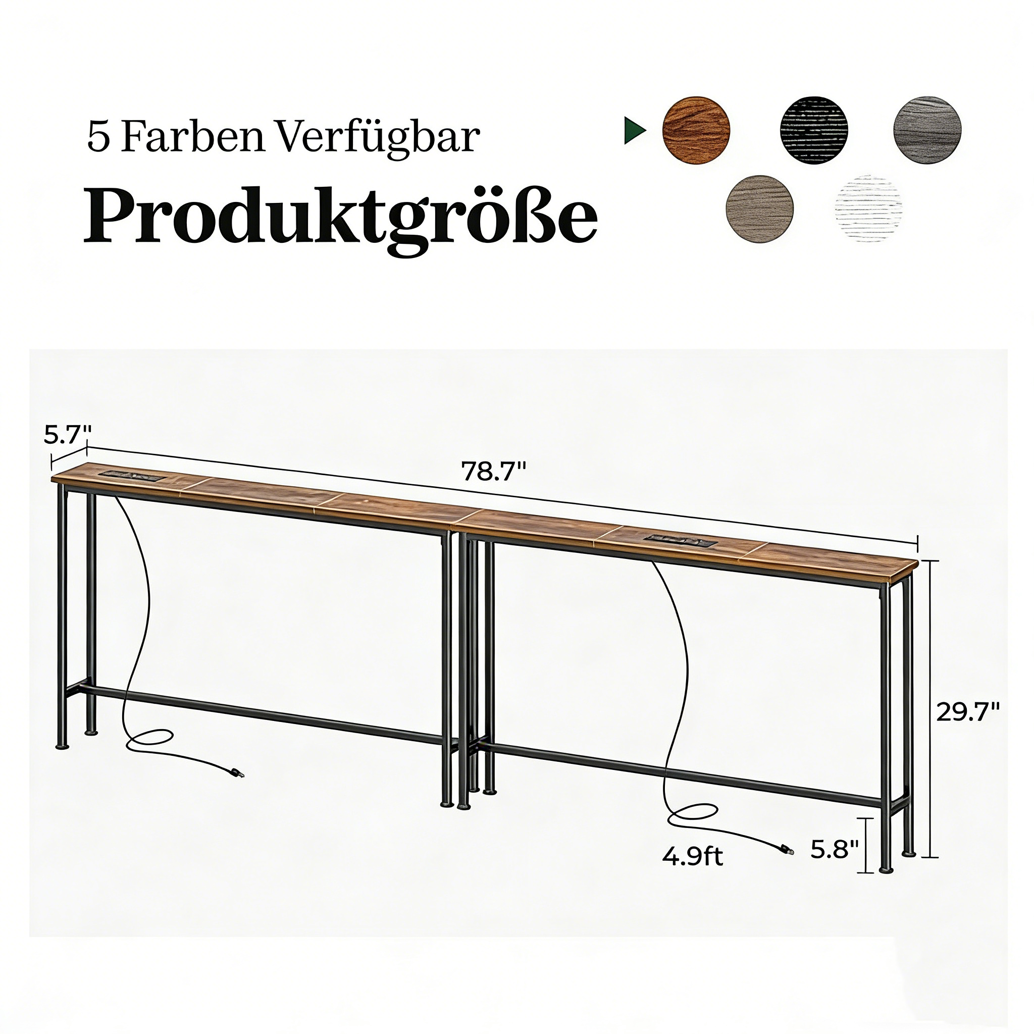 2er-Set Schmale Konsolentische mit Steckdosen – Langer Sofatisch mit Ladestation – Platzsparender Flur-Beistelltisch mit USB-Anschlüssen für Flur & Wohnzimmer