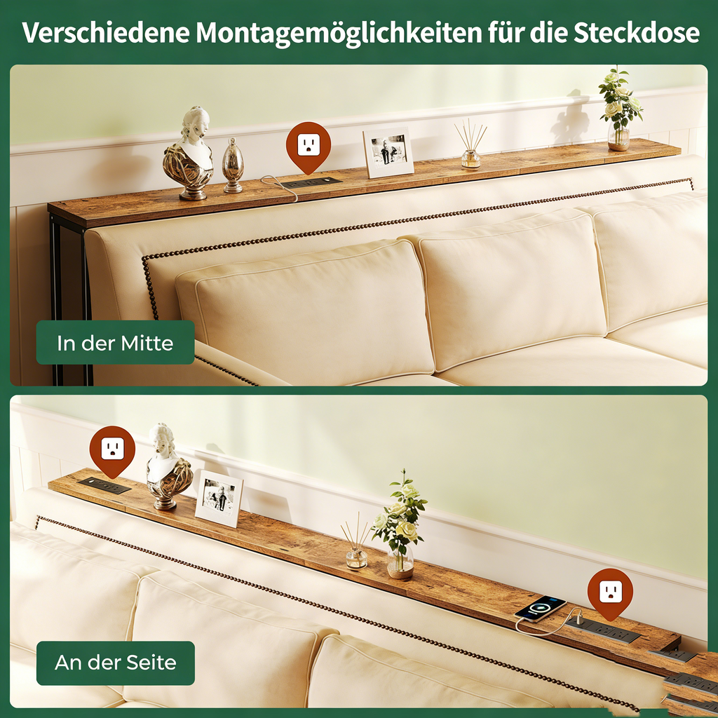 2er-Set Schmale Konsolentische mit Steckdosen – Langer Sofatisch mit Ladestation – Platzsparender Flur-Beistelltisch mit USB-Anschlüssen für Flur & Wohnzimmer