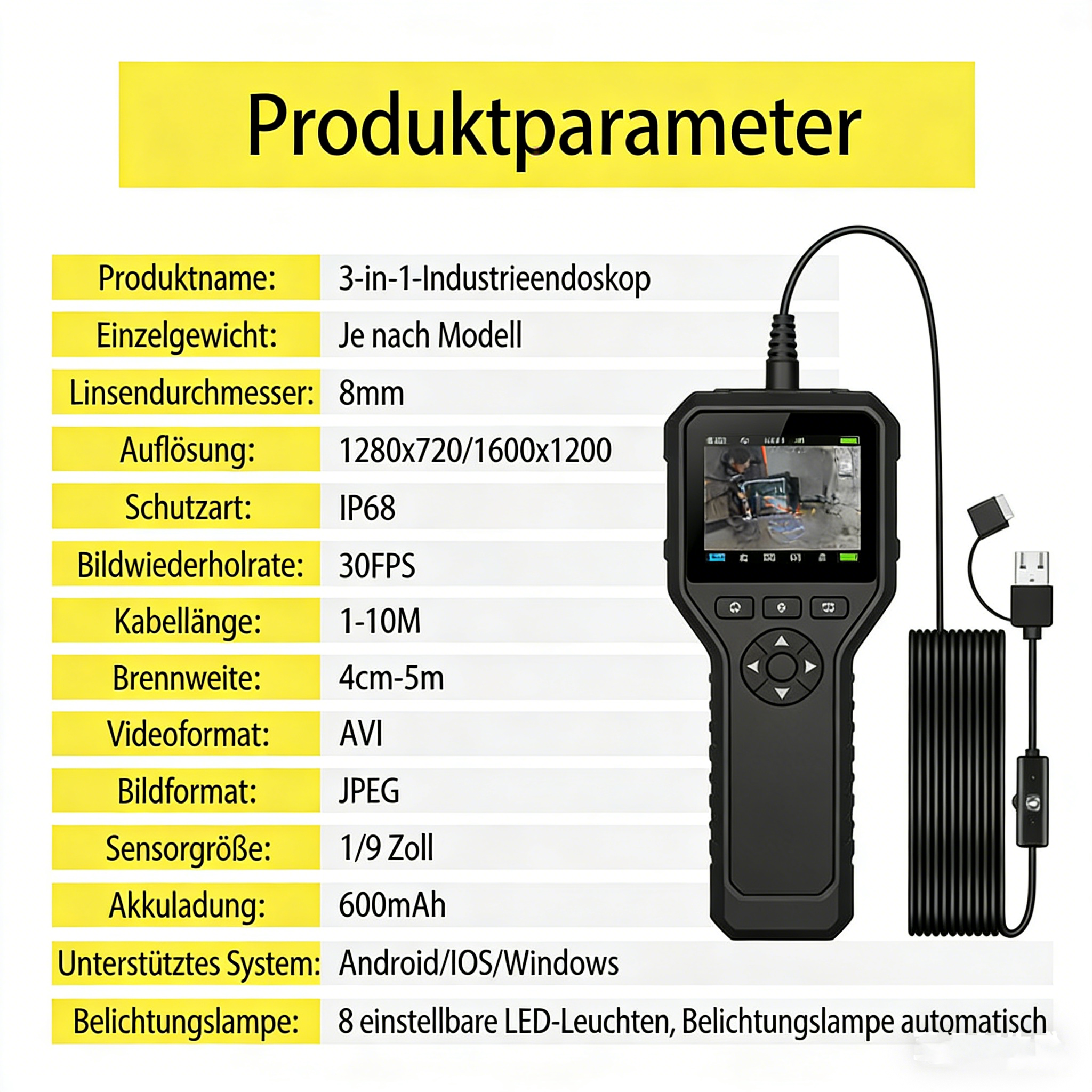 3-in-1 HD Endoskop Kamera – WiFi Endoskop für iOS, Android & PC – Wasserdichte IP67 Inspektionskamera für Rohrleitungen & KFZ – Hochauflösendes Industrie-Endoskop
