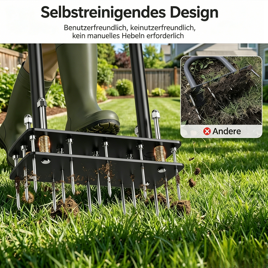 98.8cm*31cm Ergonomischer Rasenlüfter mit Auswurffeder: Manueller Aerifizierer mit Knieschutz für Rasenpflege