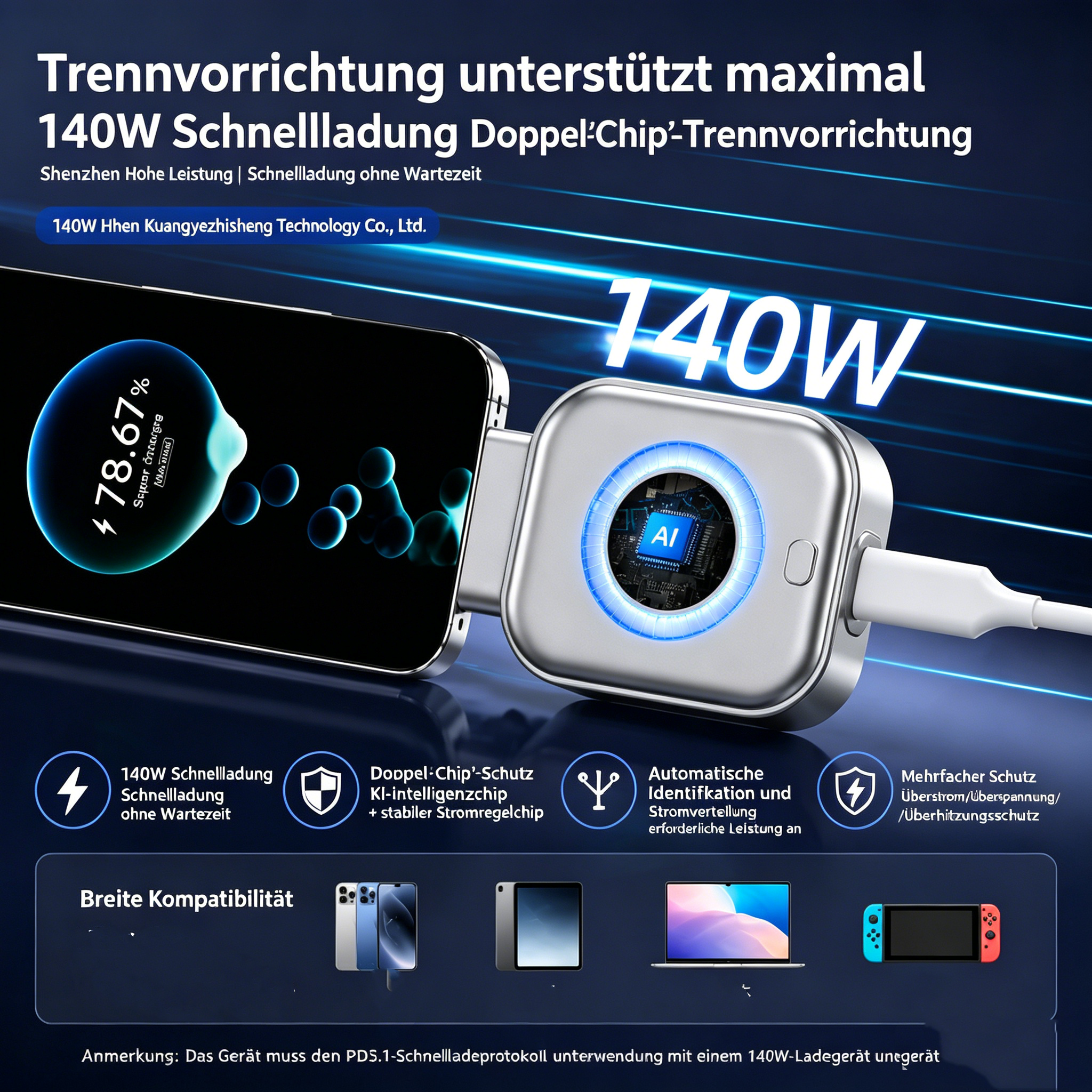 120W Schnellladekabel mit automatischer Abschaltung: Intelligentes USB-C Ladekabel für Akkuschutz