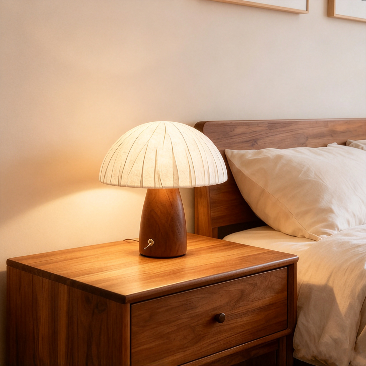Vintage Holz Pilz Tischlampe mit Kippschalter – Retro Nachttischlampe aus Massivholz, 9W LED mit 3 Lichtfarben, Eleganter Plissee Schirm für Schlafzimmer & Arbeitszimmer