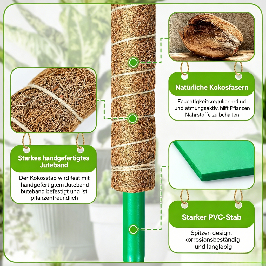 Erweiterbares Kokosstab Set für Kletterpflanzen: Natürliche Rankhilfe mit Bindeband & Pflanzenstecker für Monstera