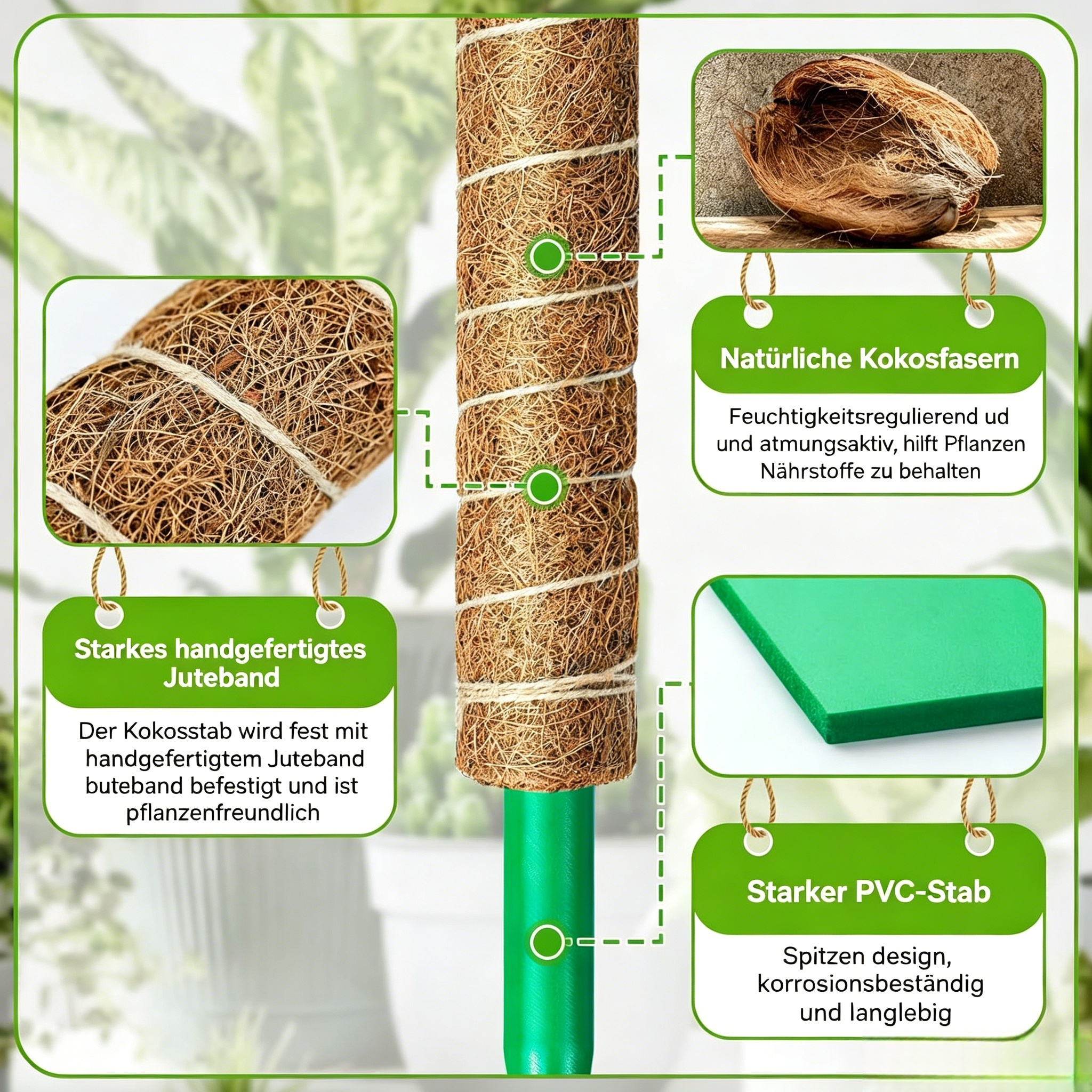 Erweiterbares Kokosstab Set für Kletterpflanzen: Natürliche Rankhilfe mit Bindeband & Pflanzenstecker für Monstera
