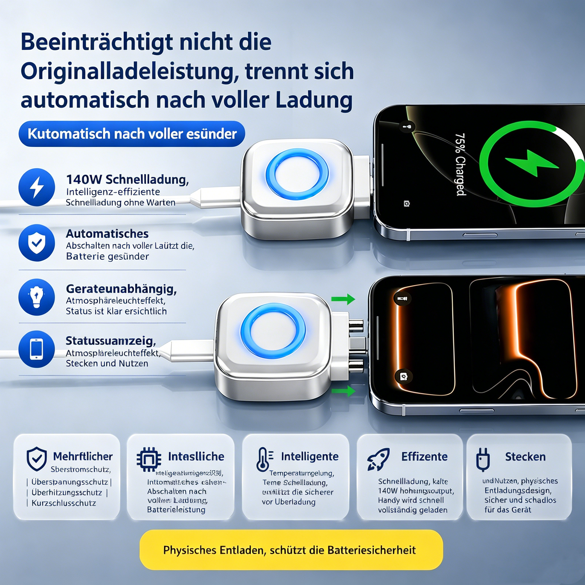 120W Schnellladekabel mit automatischer Abschaltung: Intelligentes USB-C Ladekabel für Akkuschutz
